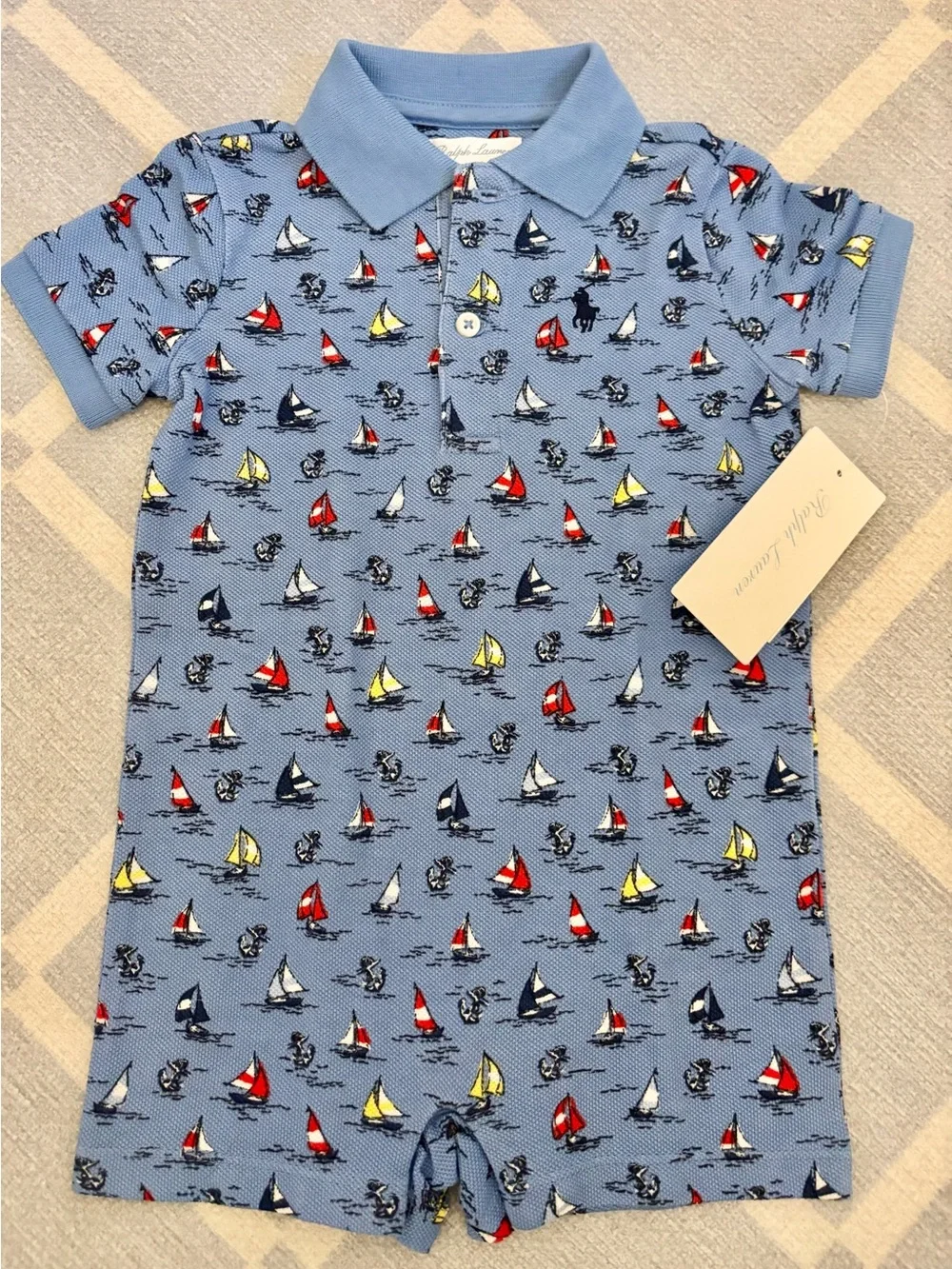 Ralph Lauren Baby Boy Sailboat Print Cotton Mesh Polo Shortall Romper - 6M - NWT